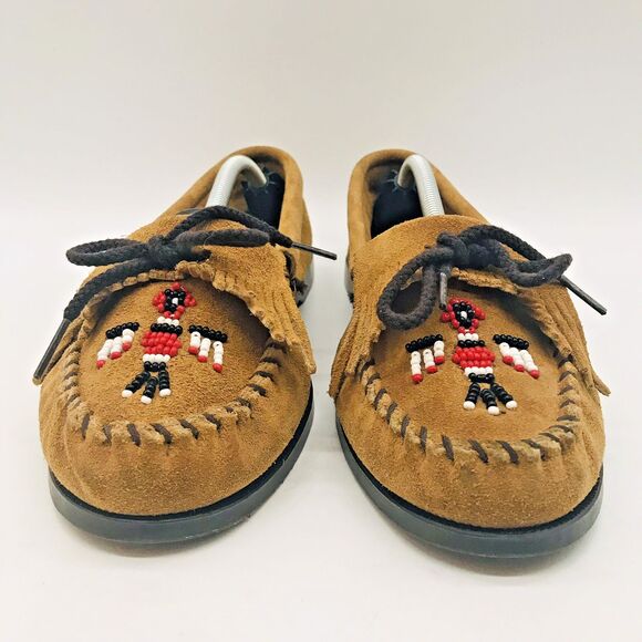 Minnetonka Thunderbird Animikii Beaded Brown Suede Moccasin Women's 10 Hard Sole - Picture 2 of 12